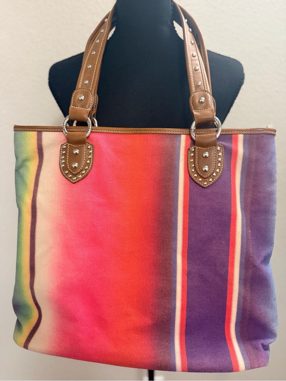 Montana West Multicolor Striped Canvas Tote with Brown Leather Handles